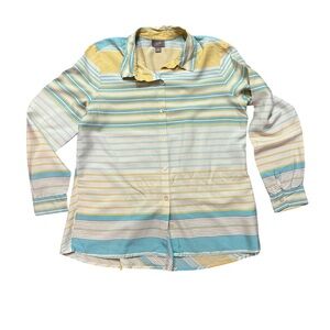J. Jill Womens Yellow & Blue Striped Button Down Collared 100% Silk Shirt Size S